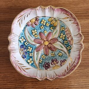 Vintage 1940s H. Bequet Quaregnon Floral Ceramic Plate Decor with Gold Foil